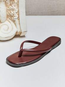 SHUZIA Women's Square Toe T Strap Thong Poolside Flip Flop Sandals - Coffee Brown - View 6