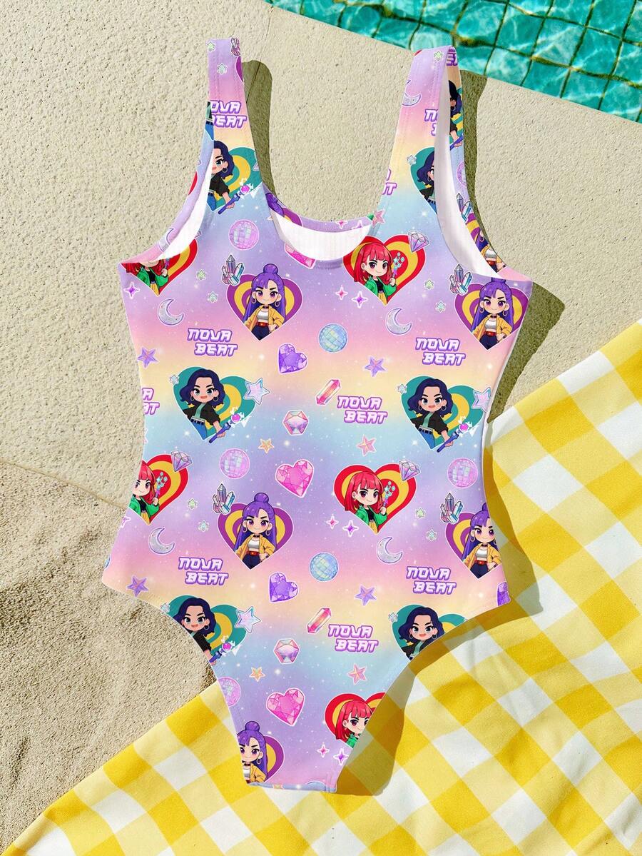Tween Girls' Casual Vacation K-Pop Superstars Graphic One-Piece Swimsuit, Suitable For Summer - Multicolor - View 1