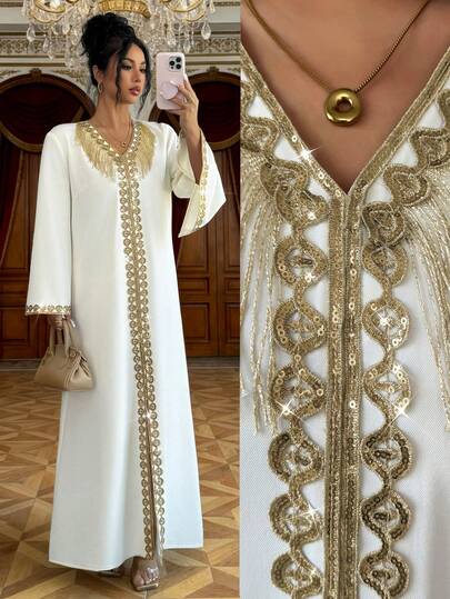 Elenzga Apricot V-Neck High-End Design Front & Middle Embroidered Lace Trim Loose Lantern Sleeve Dress, Elegant & Graceful For Valentine's Day, Easter, May Day, Birthday, Date, Party, Formal Occasion, Teacher's Outfit, Travel, Spring/Summer