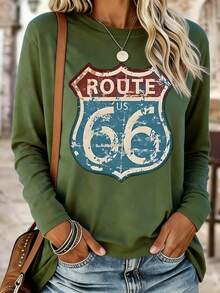 EMERY ROSE Plus Size  Summer Retro Slogan Print Long Sleeve T-Shirt,Olive Green Autumn Casual Vacation Western Graphic Tees,Machine Washable Country Rodeo Tops - Olive Green - View 1
