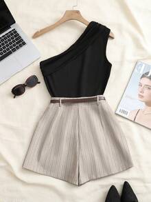 Franclia Women's Summer 2 Pieces Set Elegant Black One-Shoulder Ruched Fitted Camisole Top And Khaki Textured Black And White Striped Shorts With Belt Brunch - Khaki - View 2