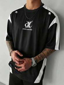 EVRINFINITE Men's Street Style Sporty Numeric Print Pattern T-Shirt, Flat Knit Fabric - Black - View 2