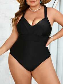 SHEIN CURVE+ 大码女士黑色交叉露背带连体泳衣，适合海滩穿着 - 彩色 - 查看 7