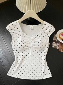 Teen GirlBlack Polka Dot Versatile Casual Short Sleeve Top, Spring/Summer - Black and White - View 4