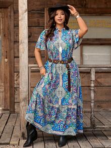 SHEIN LUNE Robe imprimée à manches mi-longues de style bohème pour grandes tailles, robe ample à volants et manches courtes de style bohème, design à volants et col noué, robe à volants et imprimé cachemire à manches longues, convient pour le port décontracté au printemps et à l'automne - Multicolore - Voir 3