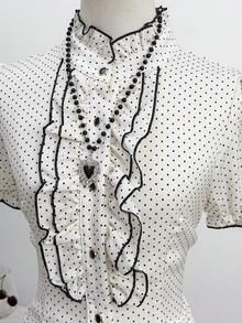 Elamini 两件套：女士白色波点荷叶边撞色纽扣短袖衬衫 + 黑色多层蛋糕裙，春夏秋季 - 黑與白 - 查看 3