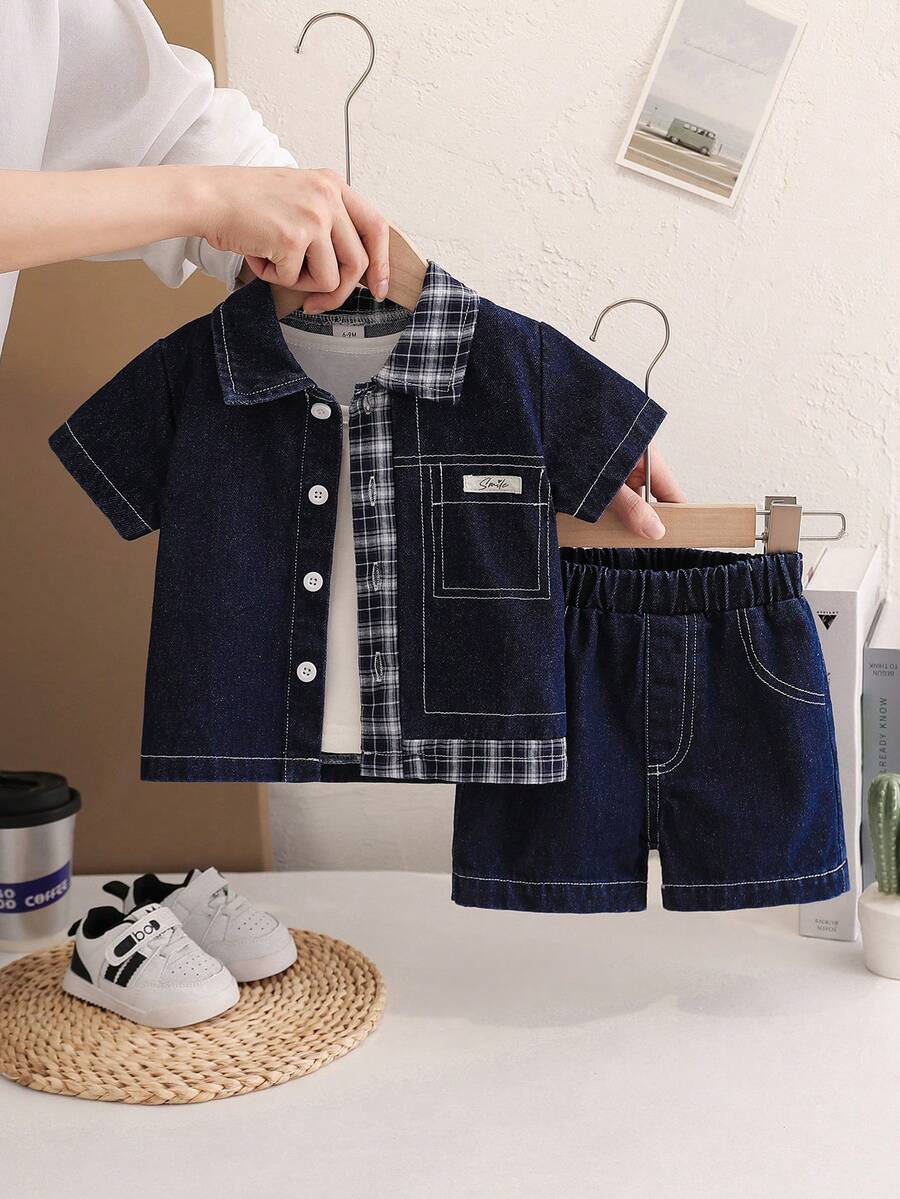 SHEIN Playful Pals Baby Boys' Denim Blue & Plaid Patchwork Short Sleeve Casual Shirt With Denim Shorts Set,Navy Blue,Summer,Casual,Family Matching Outings Birthday Party - Blue - View 1