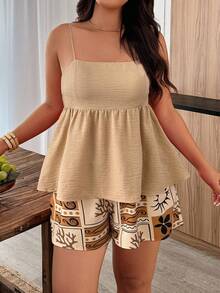 Weeklong 大码女式两件套印花撞色亚麻质感宽松休闲度假套装，春夏款 - 彩色 - 查看 4