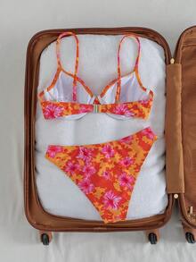 Swim Vcay Floral Ruched Halter Bikini Set, Sexy For Summer Vacation - Multicolor - View 4