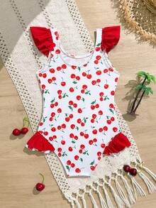 1件可爱樱桃印花女童连体泳衣 - 紅白色 - 查看 2
