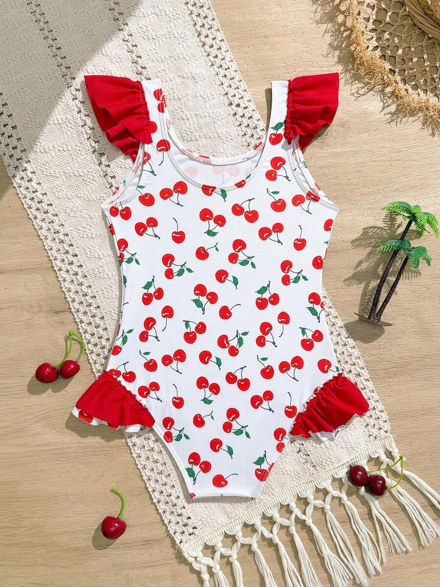 1pc Cute Cherry Print Young Girls One-Piece Swimsuit - Red and White - View 1