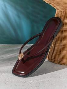 SHUZIA #QuietLuxury Women's Square Toe Gold-Accent Minimalist Rolled-Edge Soft-Cushion Pu Coffee Flip-Flops – Refined, Clean & Effortlessly Chic - Coffee Brown - View 6