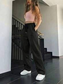 Pantalones baggy de chándal casuales de punto de corte holgado, para usar en casa y hacer deporte - Beis - Ver 7