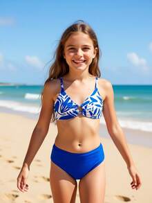 Tween Girl Blue Leaf Print Summer Vacation Bikini Set - Blue - View 1