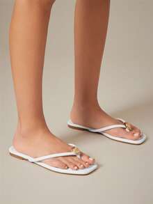 SHUZIA Women Comfortable Classic Thong Flat Sandals With Metal Ornament - White - View 2