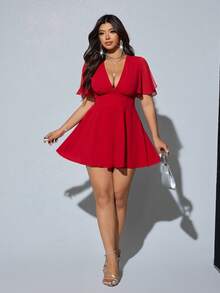 Viva Relle Bộ jumpsuit cỡ lớn, màu trơn, thanh lịch, cổ chữ V sâu, tay bồng, thích hợp cho mùa hè. - Đỏ - Xem 3