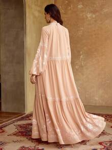 ZEYLAH Elegant Embroidered Long Sleeve Dress, Spring/Summer - Coral Pink - View 6