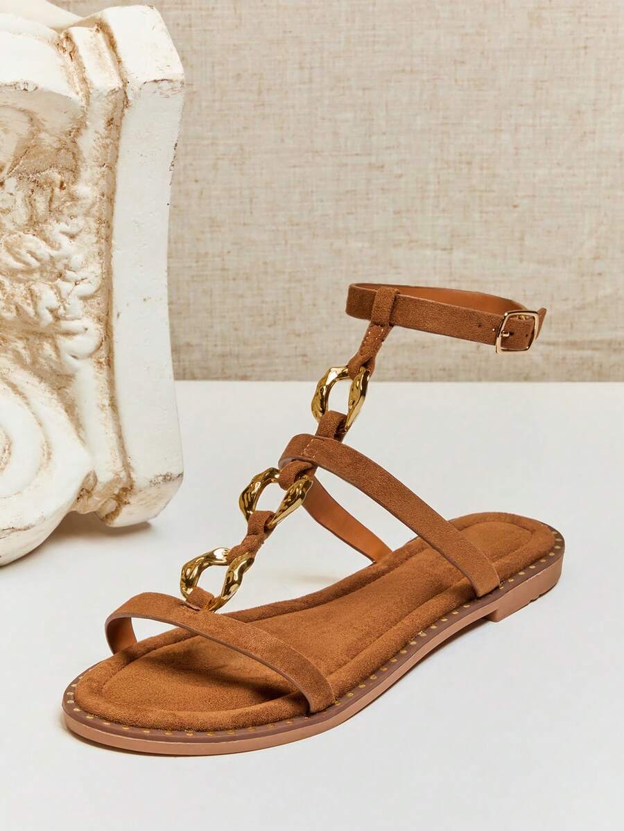SHUZIA Women Comfy Vacation Casual Metal Decor Ankle Strap Flat Sandals - Maroon - View 1