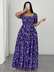 Elenzga Plus Size Summer Casual Ditsy Floral Square Neck Puff Sleeve Dress - Purple - View 5