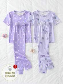 Young Girl' Purple Bow & Heart Print Short Sleeve Pajama Set - Mauve Purple - View 4