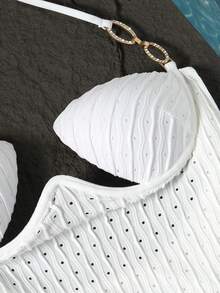 Swim SXY New Women's Rigid Cup Steel Bra Asymmetric Rhinestone Embellished One-Piece Swimsuit - White - View 3