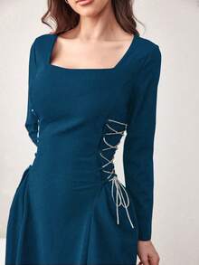 Modelyn 女士春夏蓝色针织长袖方领系腰A字优雅连衣裙 - 藍色 - 查看 5