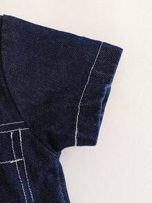 SHEIN Playful Pals Baby Boys' Denim Blue & Plaid Patchwork Short Sleeve Casual Shirt With Denim Shorts Set,Navy Blue,Summer,Casual,Family Matching Outings Birthday Party - Blue - View 5