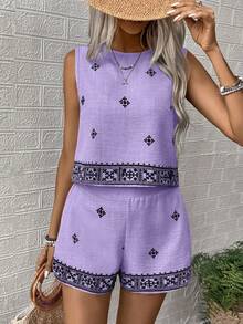 SHEIN LUNE Graphic Print Round Neck Tank Top And Shorts Casual Vacation 2 Pieces Set - Mauve Purple - View 6