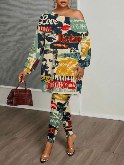 Slaydiva Casual Vintage Poster Graphic Print Plus Size Women Shoulder Strap Dress, Streetwear, Y2K All Over Print Dress Graphic Dress Women Dress Fashion Dress