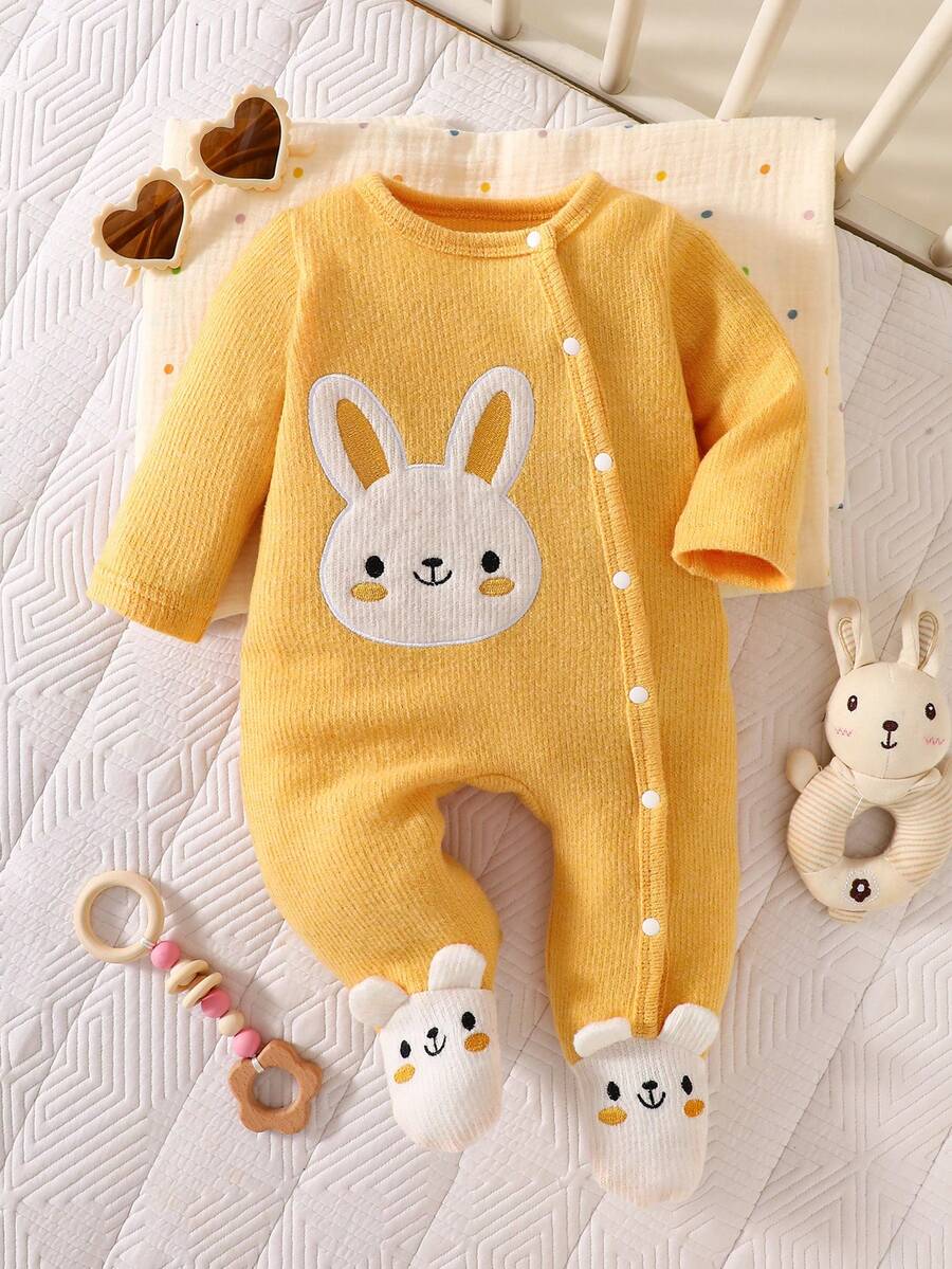 SHEIN Bộ áo liền quần dài tay ôm sát mắt cá chân cho bé gái sơ sinh, màu hồng, họa tiết nơ hoạt hình hình thỏ trắng dễ thương, kiểu dáng mới mùa thu đông, chất liệu vải thoải mái. - Màu vàng - Xem 1