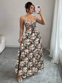SHEIN Elenzya 大码女式藏蓝色和白色碎花V领露背系带蝴蝶结长裙，舒适休闲/派对装，夏季 - 彩色 - 查看 3