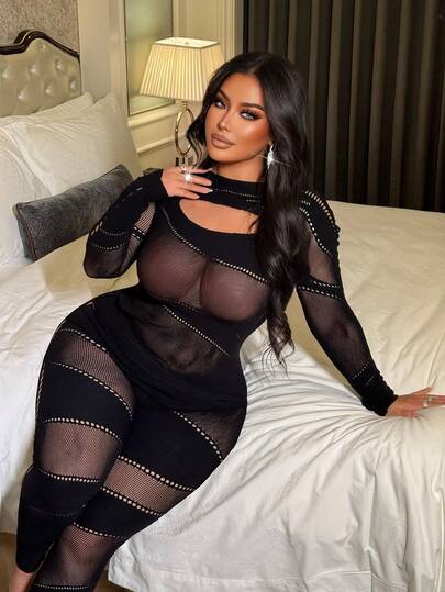 Maweii 大码女士性感透视黑色连体裤