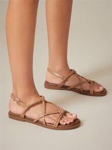 SHUZIA Women's Round Toe Wide&Cushioned Footbed Insole Knot-Detail Premium Vegan Leather Taupe Flat Sandals – Soft, Supportive & Easy Wear - Beige - View 2