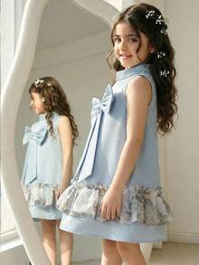 SHEIN Young Girl Woven Solid Color Bowknot Ruffle Hem Casual Dress, Young Girls - Blue - View 5