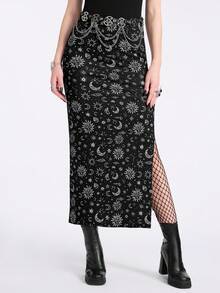 Breakform 女士哥特风松紧腰月亮星星印花侧开衩半身裙 - 黑色 - 查看 4