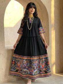 SHEIN Vestido de muñeca con cuello en V y fruncido con parches florales para adolescentes, bata holgada con cuello en V y bloqueo de color, abaya árabe de Oriente Medio, vestido largo para el Día Nacional, adecuado para primavera/verano, vacaciones - Negro - Ver 3