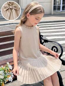 SHEIN Sukienka swobodna dla nastolatek z jednokolorowym, tkanym kołnierzykiem typu stójka, bez rękawów - Morela - Zobacz 5