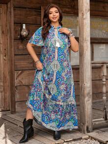 SHEIN LUNE Robe imprimée à manches mi-longues de style bohème pour grandes tailles, robe ample à volants et manches courtes de style bohème, design à volants et col noué, robe à volants et imprimé cachemire à manches longues, convient pour le port décontracté au printemps et à l'automne - Multicolore - Voir 5