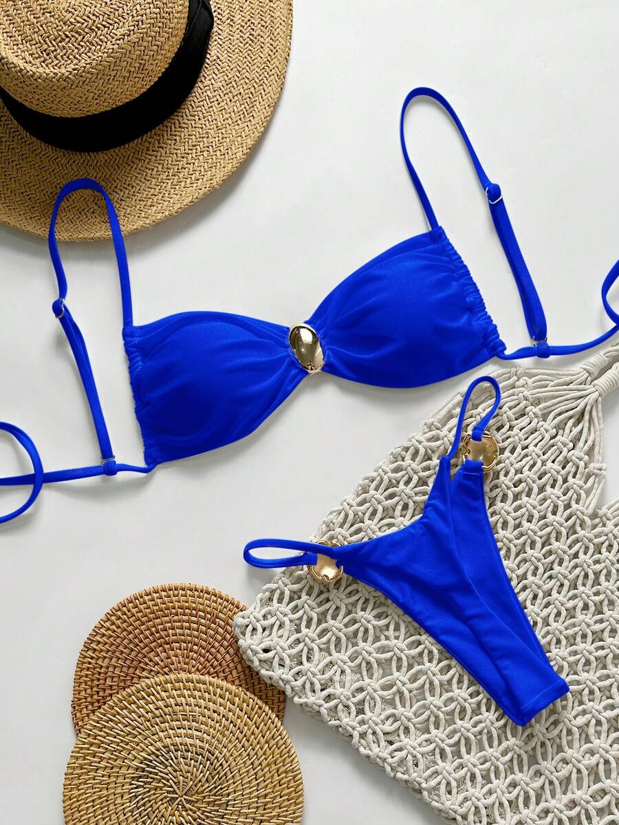 Swim Chiccia 两件套女士夏季度假沙滩装，纯色吊带金色圆圈装饰抹胸上衣和丁字裤比基尼套装 - 寶藍色 - 查看 1