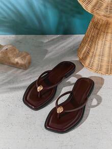 SHUZIA #QuietLuxury Women's Square Toe Gold-Accent Minimalist Rolled-Edge Soft-Cushion Pu Coffee Flip-Flops – Refined, Clean & Effortlessly Chic - Coffee Brown - View 5