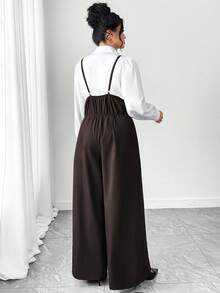 Elenzga 女士优雅新款斜纹高腰侧拉链可调节肩带休闲阔腿连体裤，适合通勤和日常穿着 - 咖啡棕 - 查看 2