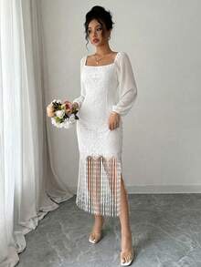 Modelyn 女士白色蕾丝流苏设计优雅时尚中长连衣裙，适合外出和约会 - 白色 - 查看 5