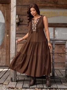 Nubod Elegantes, vintage französischer Stil V-Ausschnitt, gerüschtes, besticktes, strukturiertes Stoff Lässig Pendler Kleid, Frühling/Sommer - Braun - Übersicht 7