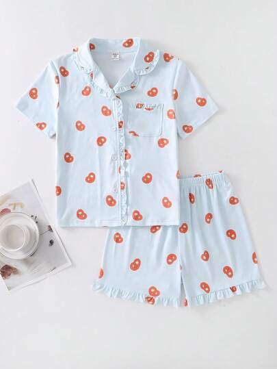 女孩卡通食物图案蓝色饼干设计荷叶边领开衫短袖短裤睡衣套装