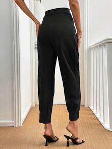 SHEIN PETITE Women's Elegant Pleated Detail Regular Suit Pants With Pockets, Black, Suitable For Spring/Summer Outings, Commuting, Dates, And Vacations - Black - View 2