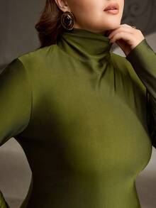ZEYLAH Turtleneck Knit Minimalist Long Sleeve Fitted Dress - Army Green - View 2