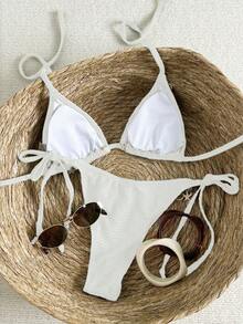 Swim Vcay Women's Ocean Shell Decor Textured Fabric Tie-Up Bikini Set, Resort Style Summer - Apricot - View 2