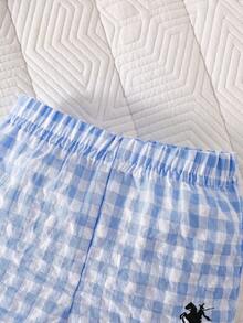 SHEIN Conjunto de 2 piezas para bebé recién nacido niño de verano, camisa polo de manga corta y pantalones cortos de algodón con rayas azules y blancas a cuadros, atuendo casual de vacaciones con estampado - Azul - Ver 7