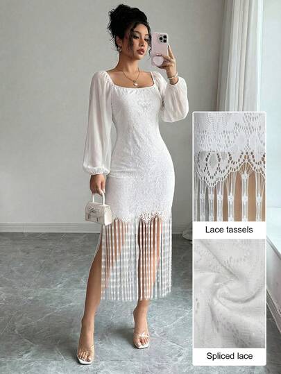 Modelyn 女士白色蕾丝流苏设计优雅时尚中长连衣裙，适合外出和约会