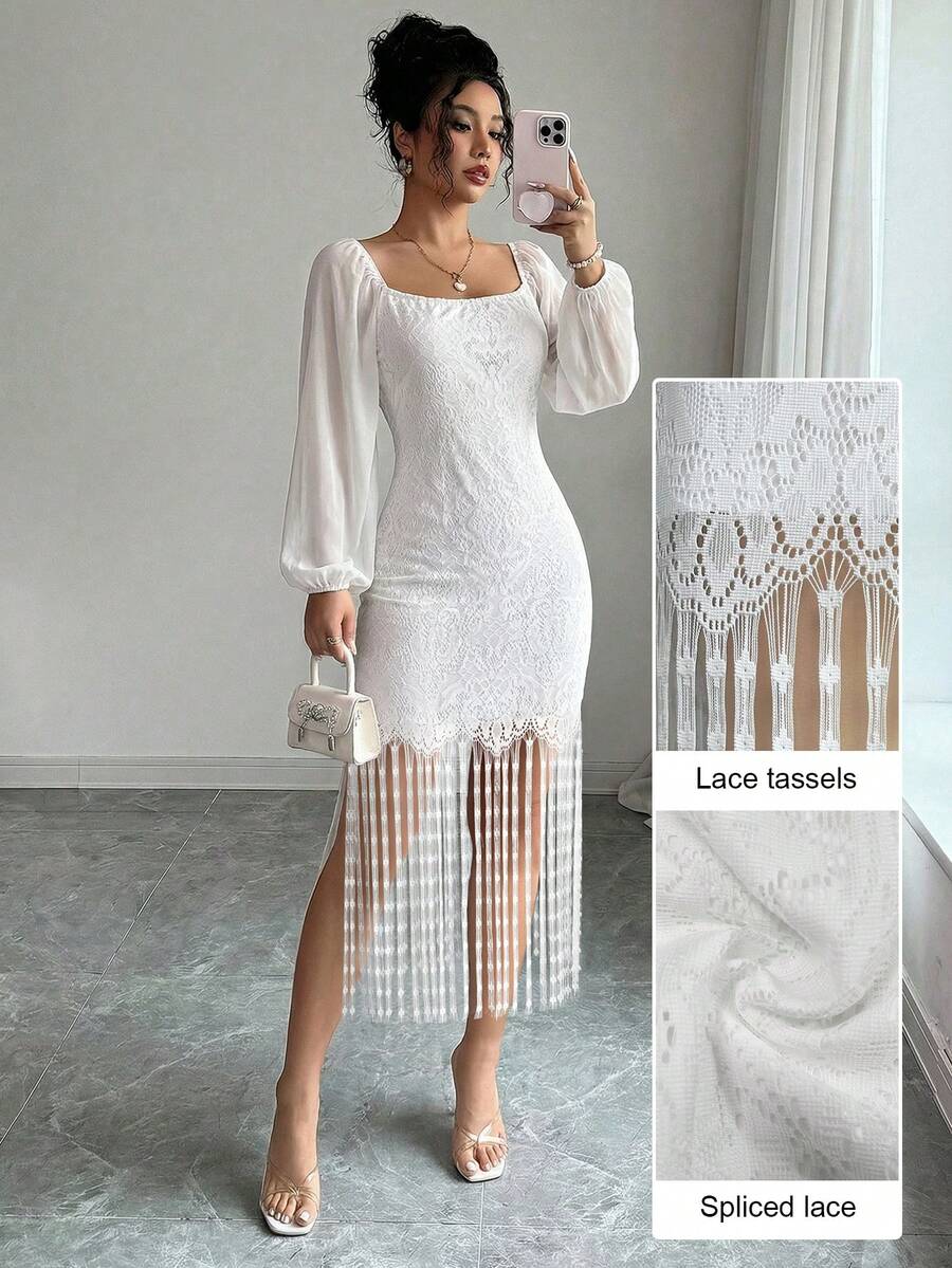 Modelyn 女士白色蕾丝流苏设计优雅时尚中长连衣裙，适合外出和约会 - 白色 - 查看 1